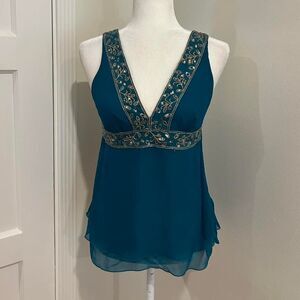 Forever 21 Beaded Silk Lower Cut Teal Babydoll Blouse Size Medium